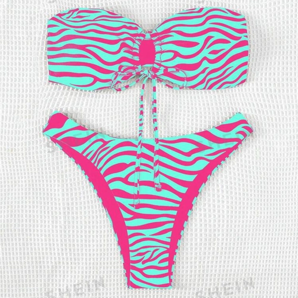 Neon zebra print bandeau bikini set